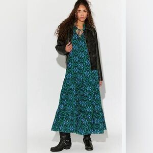 NWT Free People Feeling Groovy Maxi Dress Navy Combo Retro Print Medium + Slip